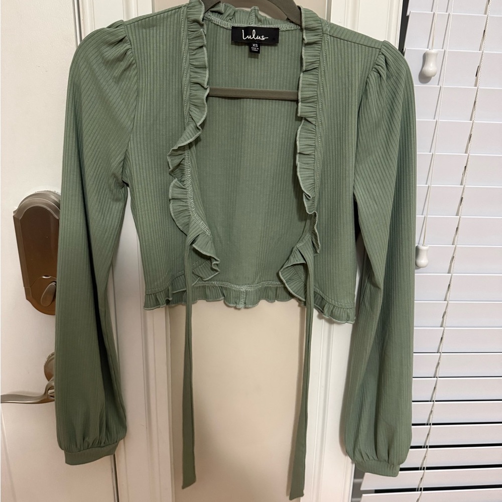Lulu's Sage Green Ruffle Tie-Front Crop Top